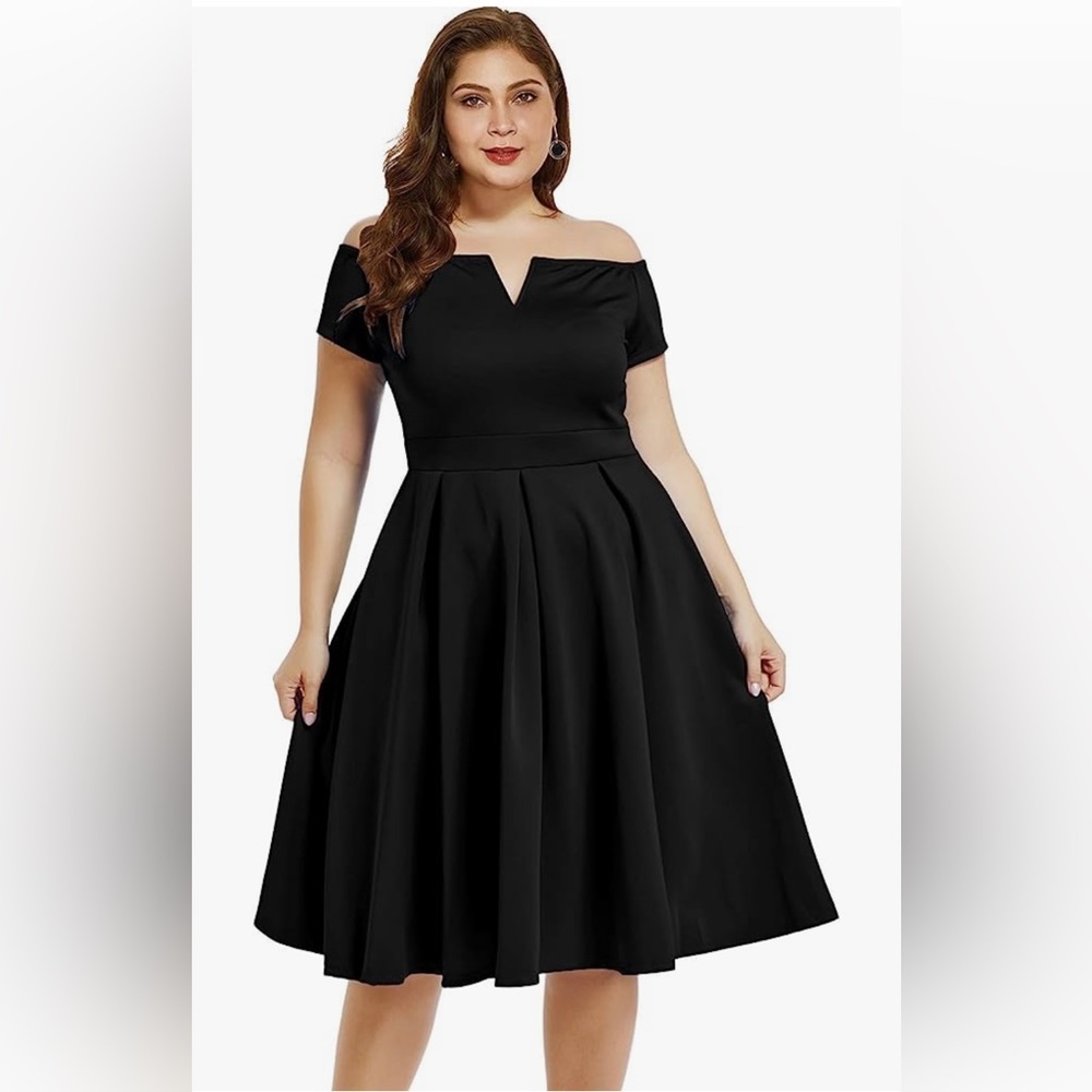 Black Off the Shoulder Elegant Formal Cocktail Midi Dress